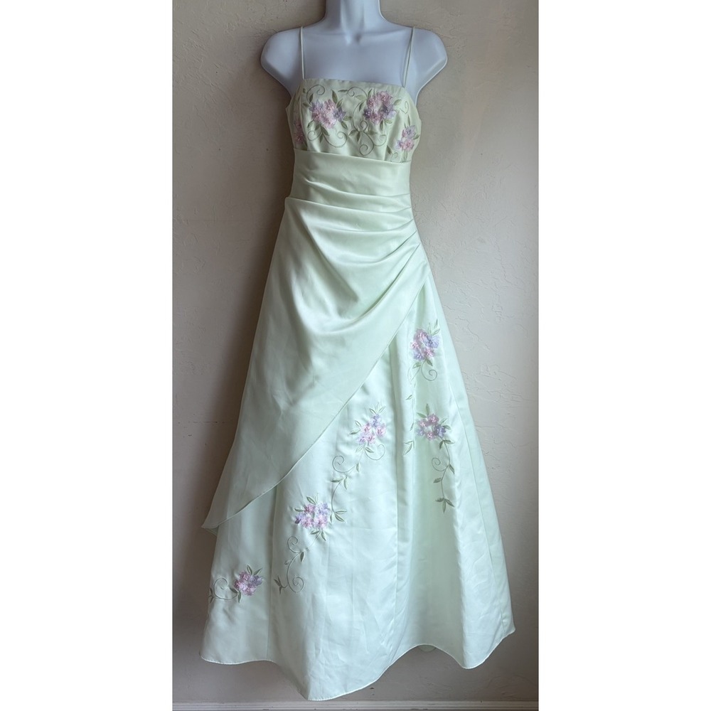 Vintage Y2K Jodi Kristopher Formal Gown Maxi Dress 3 XS S Fairy Beaded Green
